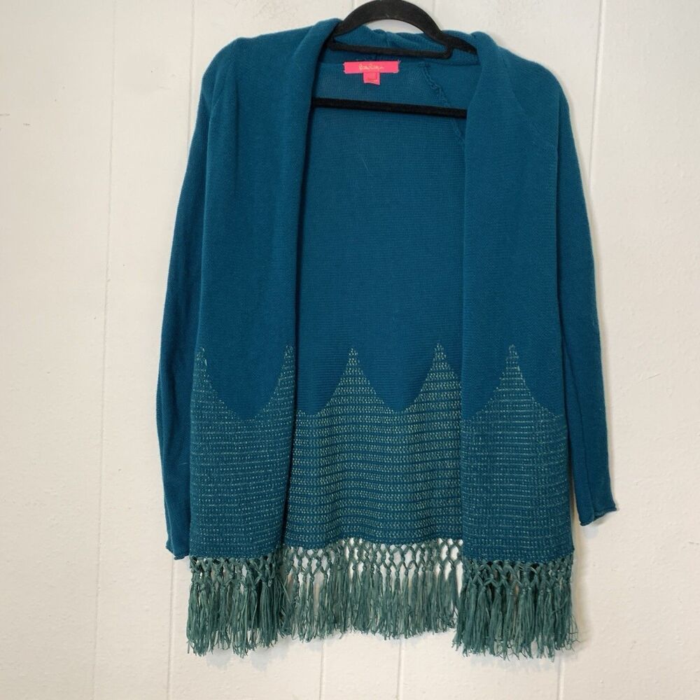Lilly Pulitzer Womens XS Tatum Cardigan Sweater Inky Tidal Teal Fringe Open